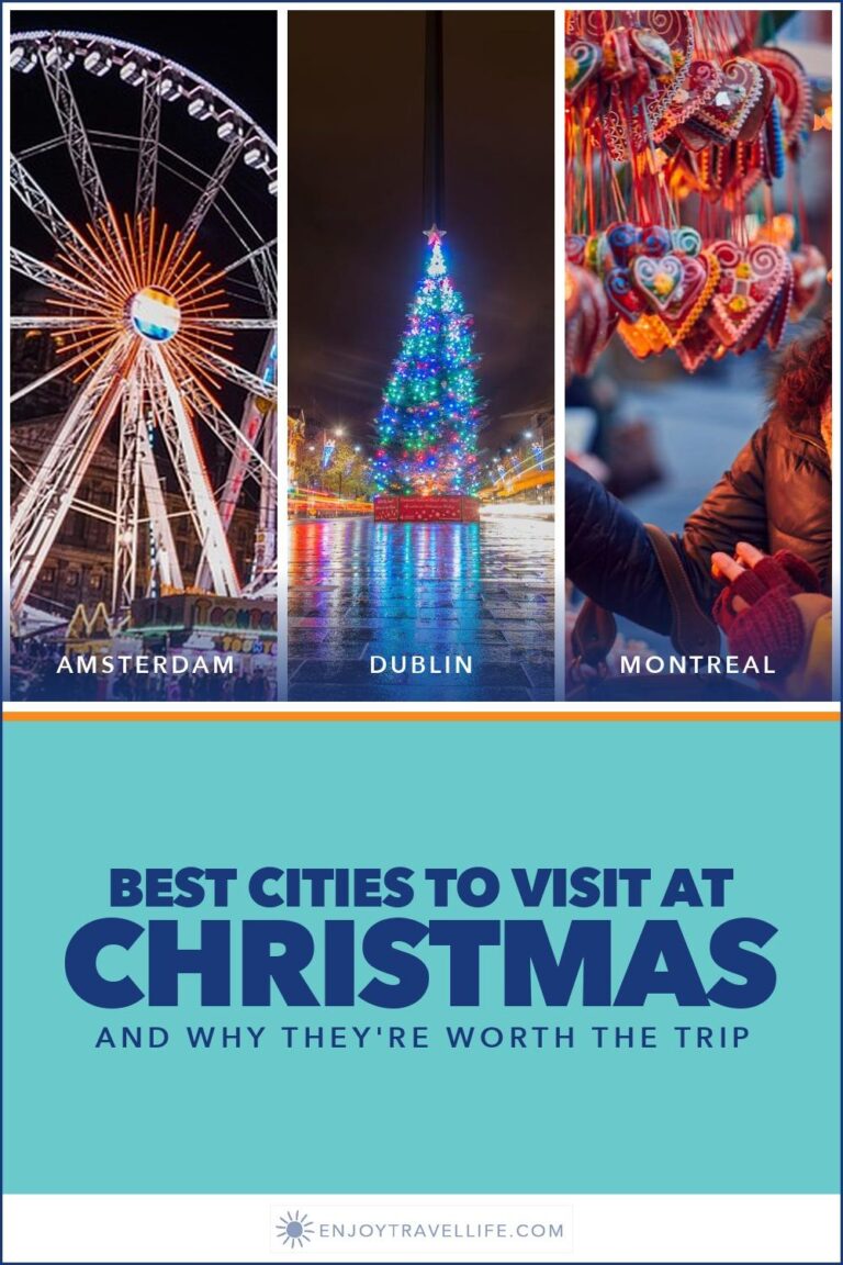 A Ferris wheel in Amsterdam, a lit Christmas tree in Dublin and a Christmas market stall at night.
