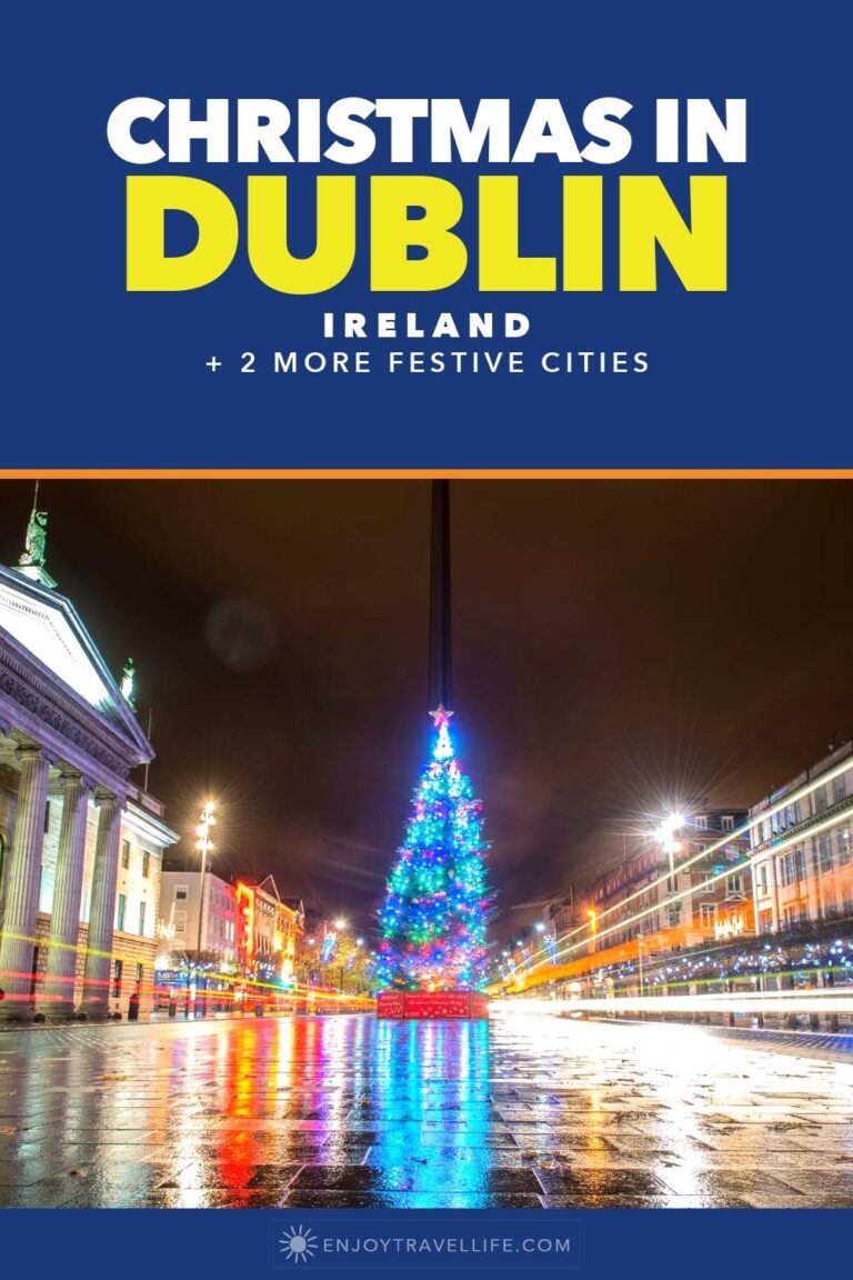 A Christmas tree lit up on a Dublin street at night, reflected on the wet pavement.