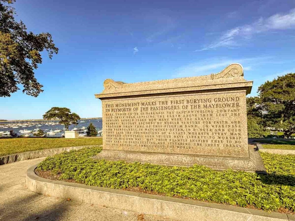 A granite monument on Cole's Hill in Plymouth marks the first burying ground of the Mayflower passengers.