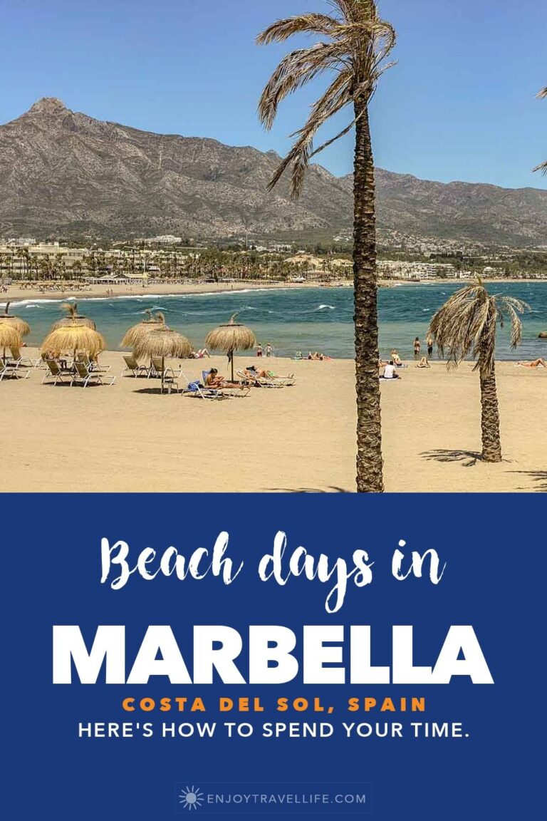 Palm trees and thatched umbrellas on the beach at Marbella, Spain, with La Concha mountain behind.