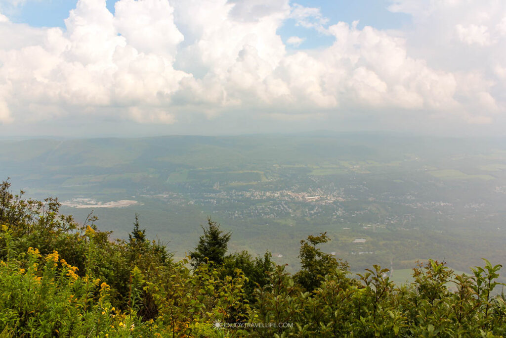 The hazy view over the valley from the summit of Mount Greylock in the Berkshires.
