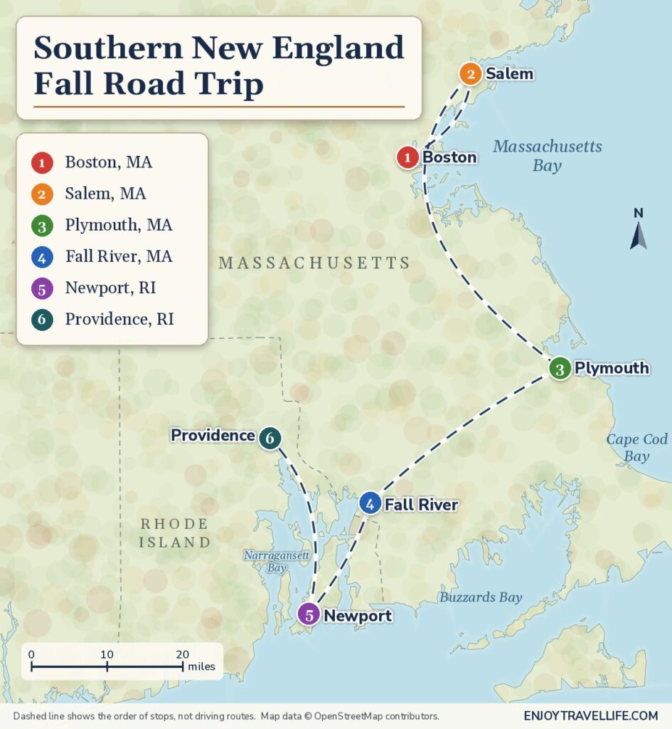This map shows six road trip stops in Massachusetts and Rhode Island, numbered in order from Boston to Providence.