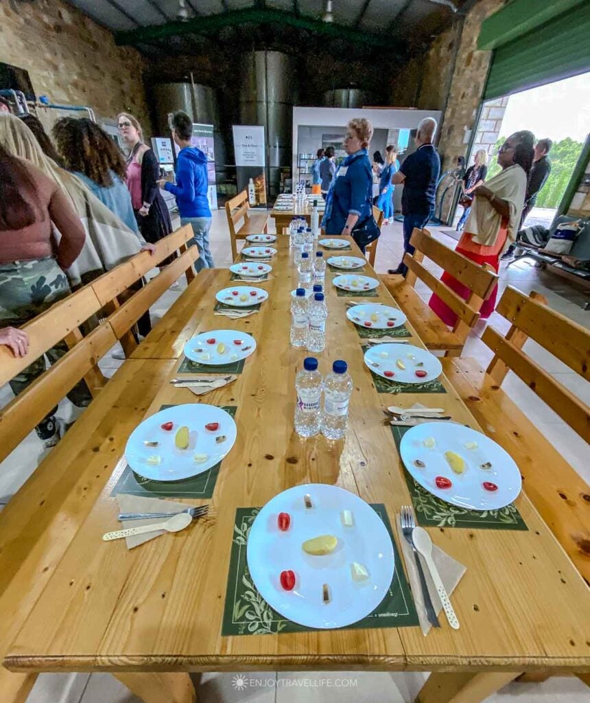 A long table is set with plates, bread, and small glasses for an olive oil tasting at Olive Ergo near Kalamata, Greece.