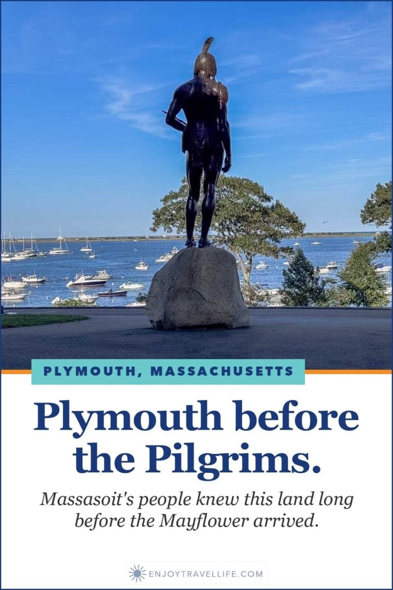 The bronze statue of Massasoit on Cole's Hill looks out over boats moored in Plymouth Harbor, Massachusetts.